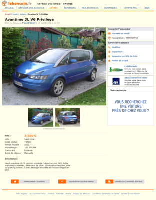 Avantime 3L V6 Privilège Voitures Savoie - leboncoin.fr 2012-09-29 12-20-09.png (1.18 Mio) Consulté 9400 fois Avantime 3L V6 Privilège Voitures Savoie