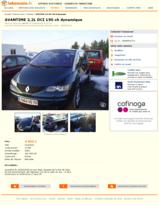 & AVANTIME 2,2L DCI 150 ch dynamique Voitures Charente-Maritime - leboncoin.fr 2012-12-09 20-46-32.png (913.08 Kio) Consulté 6691 fois & AVANTIME 2,2L DCI 150 ch dynamique Voitures Charente-Maritime