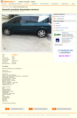 & Renault avantime dynamique essence Voitures Paris - leboncoin.fr 2012-12-13 21-57-57.png (621.69 Kio) Consulté 6693 fois & Renault avantime dynamique essence Voitures Paris