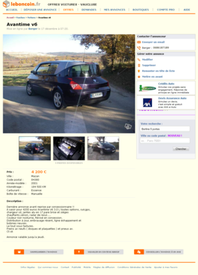 & Avantime v6 Voitures Vaucluse - leboncoin.fr 2012-12-20 01-05-55.png (997.21 Kio) Consulté 6700 fois & Avantime v6 Voitures Vaucluse