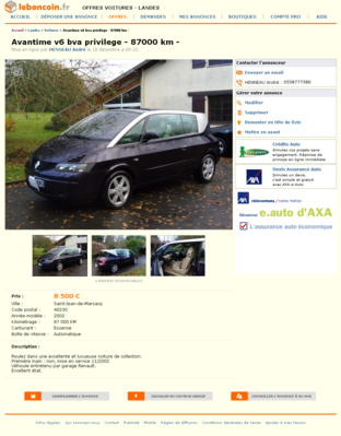 & Avantime v6 bva privilege - 87000 km - Voitures Landes - leboncoin.fr 2012-12-20 01-10-25.png (1.04 Mio) Consulté 5322 fois & Avantime v6 bva privilege - 87000 km - Voitures Landes