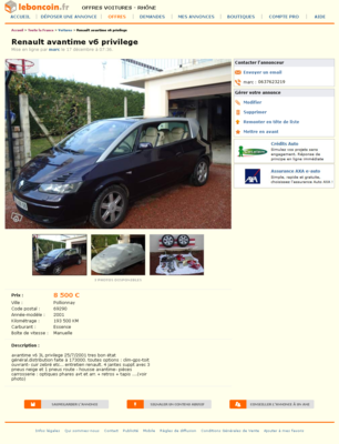 & Renault avantime v6 privilege Voitures Rhône - leboncoin.fr 2012-12-20 02-02-06.png (1.02 Mio) Consulté 5322 fois & Renault avantime v6 privilege Voitures Rhône