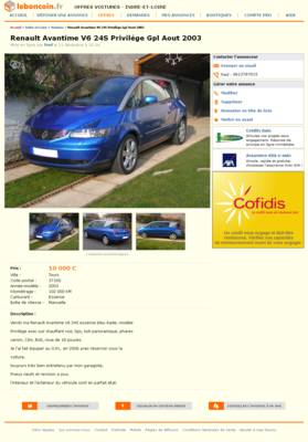 & Renault Avantime V6 24S Privilége Gpl Aout 2003 Voitures Indre-et-Loire - leboncoin.fr 2012-12-22 13-56-00.png (1.2 Mio) Consulté 5277 fois & Renault Avantime V6 24S Privilége Gpl Aout 2003 Voitures Indre-et-Loire