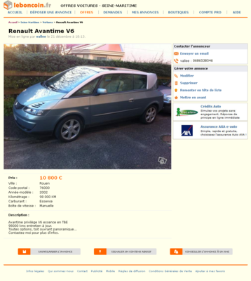 & Renault Avantime V6 Voitures Seine-Maritime - leboncoin.fr 2012-12-22 13-59-08.png (812.21 Kio) Consulté 5282 fois & Renault Avantime V6 Voitures Seine-Maritime