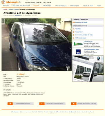 & Avantime 2.2 dci dynamique Voitures Yvelines - leboncoin.fr 2012-12-22 14-00-54.png (959.16 Kio) Consulté 5282 fois & Avantime 2.2 dci dynamique Voitures Yvelines