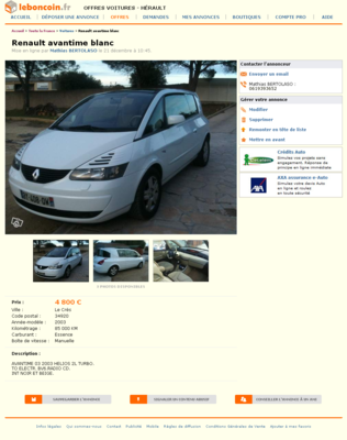 & Renault avantime blanc Voitures Hérault - leboncoin.fr 2012-12-22 16-28-52.png (898.3 Kio) Consulté 5276 fois & Renault avantime blanc Voitures Hérault