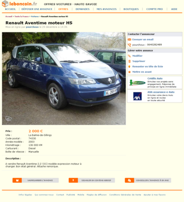 & Renault Aventime moteur HS Voitures Haute-Savoie - leboncoin.fr 2013-01-02 21-18-06.png (913.24 Kio) Consulté 5201 fois & Renault Aventime moteur HS Voitures Haute-Savoie
