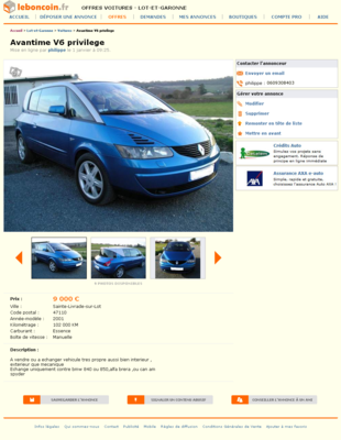 & Avantime V6 privilege Voitures Lot-et-Garonne - leboncoin.fr 2013-01-02 21-53-04.png (1 Mio) Consulté 5198 fois & Avantime V6 privilege Voitures Lot-et-Garonne