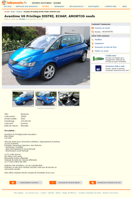 & FireShot Screen Capture #017 - 'Avantime V6 Privilège DISTRI, ECHAP, AMORTOS neufs Voitures Doubs - leboncoin_fr' - www_leboncoin_fr_voitures_422930093_.png (657.77 Kio) Consulté 4526 fois & FireShot Screen Capture #017 - 'Avantime V6 Privilège DISTRI, ECHAP, AMORTOS neufs Voitures Doubs