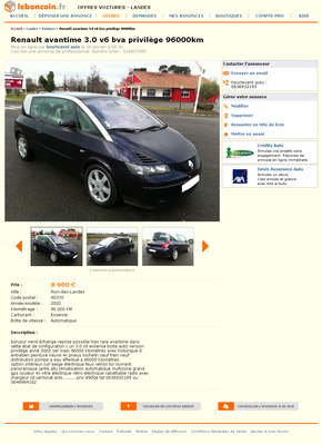 & FireShot Screen Capture #021 - 'Renault avantime 3_0 v6 bva privilège 96000km Voitures Landes - leboncoin_fr' - www_leboncoin_fr_voitures_424786382_htm_.png (594.22 Kio) Consulté 5244 fois & FireShot Screen Capture #021 - 'Renault avantime 3_0 v6 bva privilège 96000km Voitures Landes