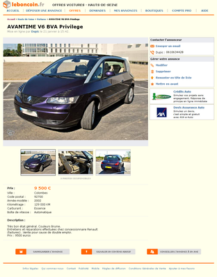 & FireShot Screen Capture #024 - 'AVANTIME V6 BVA Privilege Voitures Hauts-de-Seine - leboncoin_fr' - www_leboncoin_fr_voitures_422961410_htm_ca=12_s.png (646.74 Kio) Consulté 4522 fois & FireShot Screen Capture #024 - 'AVANTIME V6 BVA Privilege Voitures Hauts-de-Seine