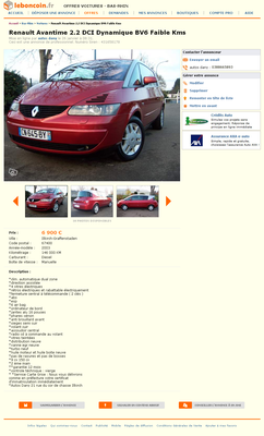& FireShot Screen Capture #033 - 'Renault Avantime 2_2 DCI Dynamique BV6 Faible Kms Voitures Bas-Rhin - leboncoin_fr' - www_leboncoin_fr_voitures_39682460.png (677.56 Kio) Consulté 5413 fois & FireShot Screen Capture #033 - 'Renault Avantime 2_2 DCI Dynamique BV6 Faible Kms Voitures Bas-Rhin