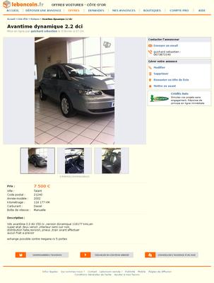 & FireShot Screen Capture #058 - 'Avantime dynamique 2_2 dci Voitures Côte-d'Or - leboncoin_fr' - www_leboncoin_fr_voitures_431216395_htm.png (323.76 Kio) Consulté 4610 fois & FireShot Screen Capture #058 - 'Avantime dynamique 2_2 dci Voitures Côte-d'Or