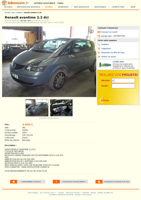 & FireShot Screen Capture #059 - 'Renault avantime 2_2 dci Voitures Tarn - leboncoin_fr' - www_leboncoin_fr_voitures_431886246_htm.png (519.08 Kio) Consulté 4609 fois & FireShot Screen Capture #059 - 'Renault avantime 2_2 dci Voitures Tarn