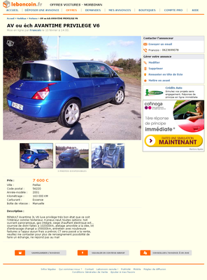 & FireShot Screen Capture #060 - 'AV ou éch AVANTIME PRIVILEGE V6 Voitures Morbihan - leboncoin_fr' - www_leboncoin_fr_voitures_432278224_htm_ca=6_s.png (708.84 Kio) Consulté 5326 fois & FireShot Screen Capture #060 - 'AV ou éch AVANTIME PRIVILEGE V6 Voitures Morbihan