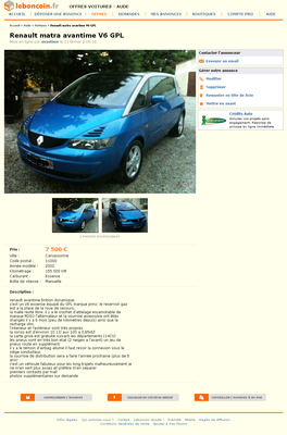 & FireShot Screen Capture #061 - 'Renault matra avantime V6 GPL Voitures Aude - leboncoin_fr' - www_leboncoin_fr_voitures_432657030_htm_ca=13_s.png (652.64 Kio) Consulté 5330 fois & FireShot Screen Capture #061 - 'Renault matra avantime V6 GPL Voitures Aude