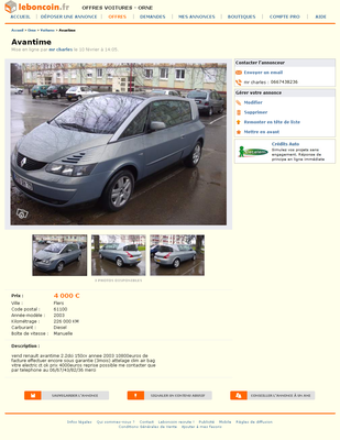 & FireShot Screen Capture #063 - 'Avantime Voitures Orne - leboncoin_fr' - www_leboncoin_fr_voitures_432280675_htm.png (595.13 Kio) Consulté 4018 fois & FireShot Screen Capture #063 - 'Avantime Voitures Orne