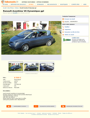 & FireShot Screen Capture #069 - 'Renaul Avantime V6 Dynamique gpl Voitures Côtes-d'Armor - leboncoin_fr' - www_leboncoin_fr_voitures_437581622_htm.png (544.44 Kio) Consulté 4729 fois & FireShot Screen Capture #069 - 'Renaul Avantime V6 Dynamique gpl Voitures Côtes-d'Armor