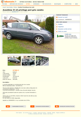 & FireShot Screen Capture #081 - 'Avantime 3l v6 privilege pe2 gris cendre Voitures Seine-Maritime - leboncoin_fr' - www_leboncoin_fr_voitures_441376771_htm_ca=11_s.png (683.54 Kio) Consulté 5507 fois & FireShot Screen Capture #081 - 'Avantime 3l v6 privilege pe2 gris cendre Voitures Seine-Maritime