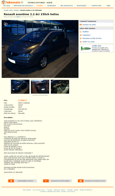 & FireShot Screen Capture #084 - 'Renault avantime 2_2 dci 150ch helios Voitures Aisne - leboncoin_fr' - www_leboncoin_fr_voitures_441572240_htm_ca=19_s.png (550.92 Kio) Consulté 4566 fois & FireShot Screen Capture #084 - 'Renault avantime 2_2 dci 150ch helios Voitures Aisne