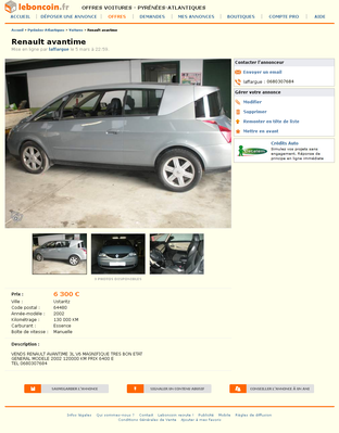 & FireShot Screen Capture #091 - 'Renault avantime Voitures Pyrénées-Atlantiques - leboncoin_fr' - www_leboncoin_fr_voitures_419186513_htm.png (446.07 Kio) Consulté 3218 fois & FireShot Screen Capture #091 - 'Renault avantime Voitures Pyrénées-Atlantiques