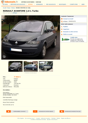 & FireShot Screen Capture #095 - 'RENAULT AVANTIME 2_0 L Turbo Voitures Vienne - leboncoin_fr' - www_leboncoin_fr_voitures_443487626_htm.png (503.15 Kio) Consulté 5647 fois & FireShot Screen Capture #095 - 'RENAULT AVANTIME 2_0 L Turbo Voitures Vienne