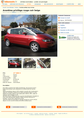 & FireShot Screen Capture #102 - 'Avantime privilège rouge cuir beige Voitures Loire-Atlantique - leboncoin_fr' - www_leboncoin_fr_voitures_445020296_htm_ca=18_s.png (638.39 Kio) Consulté 4763 fois & FireShot Screen Capture #102 - 'Avantime privilège rouge cuir beige Voitures Loire-Atlantique