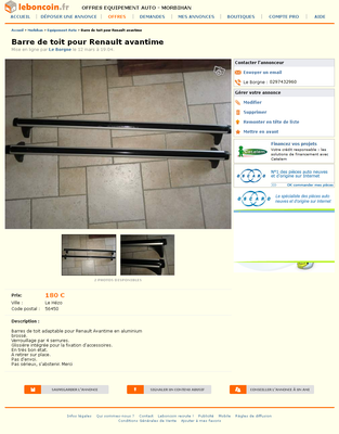 & FireShot Screen Capture #104 - 'Barre de toit pour Renault avantime Equipement Auto Morbihan - leboncoin_fr' - www_leboncoin_fr_equipement_auto_445207701_htm_ca=6_s.png (453.82 Kio) Consulté 6994 fois & FireShot Screen Capture #104 - 'Barre de toit pour Renault avantime Equipement Auto Morbihan