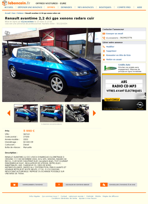 & FireShot Screen Capture #106 - 'Renault avantime 2,2 dci gps xenons radars cuir Voitures Eure - leboncoin_fr' - www_leboncoin_fr_voitures_446645905_htm_ca=11_s.png (664.29 Kio) Consulté 4755 fois & FireShot Screen Capture #106 - 'Renault avantime 2,2 dci gps xenons radars cuir Voitures Eure