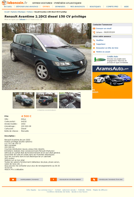 & FireShot Screen Capture #113 - 'Renault Avantime 2_2DCI diesel 150 CV privilège Voitures Pyrénées-Atlantiques - leboncoin_fr' - www_leboncoin_fr_voitures_447878702_htm.png (712.74 Kio) Consulté 4731 fois & FireShot Screen Capture #113 - 'Renault Avantime 2_2DCI diesel 150 CV privilège Voitures Pyrénées-Atlantiques