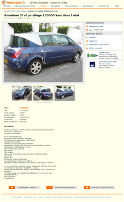 Avantime 3l v6 privilege 130000 kms dans l etat Voitures Saône-et-Loire - leboncoin.fr 2012-09-30 00-37-05.png (1 Mio) Consulté 7912 fois Avantime 3l v6 privilege 130000 kms dans l etat Voitures Saône-et-Loire